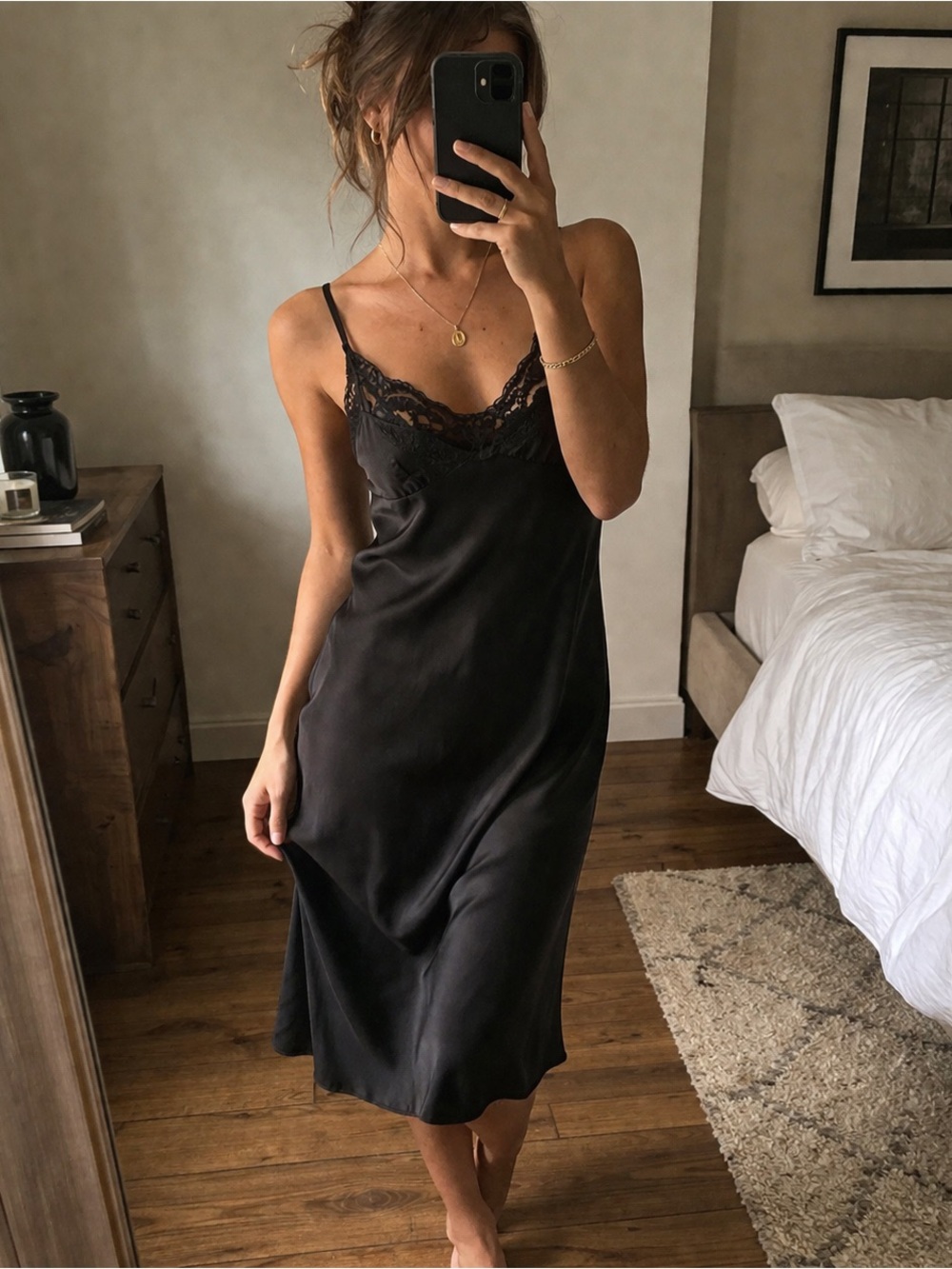 Vassarette Black Satin Lace Slip Dress Size S/M Midi Silky Minimal Y2K Lingerie